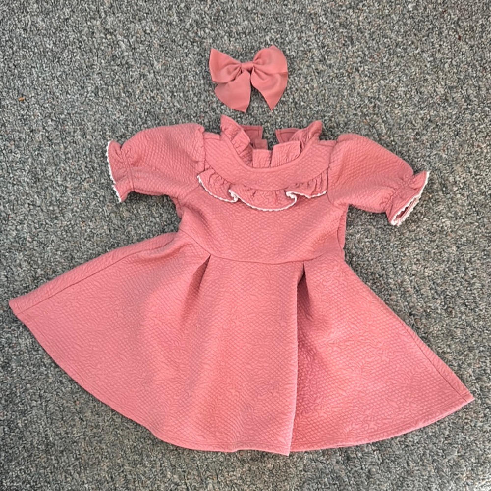 Janie & Jack Pink Ruffe Jacquard Dress with Matching Bow